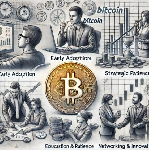 비트코인으로 부자가 된 사람들의 공통점 5가지를 스케치 스타일로 표현한 그림