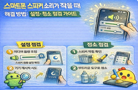 스마트폰 스피커 소리가 작을 때 설정 확인과 스피커 청소 방법을 단계별로 안내하는 가이드 이미지