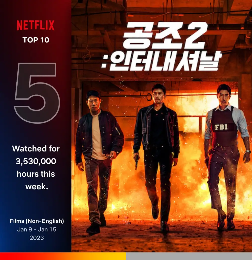 공조 2 : 인터내셔날에서 현빈, 유해진, 다니엘 헤니가 폭발하는 배경과 함께 걸어 나가는 포스터