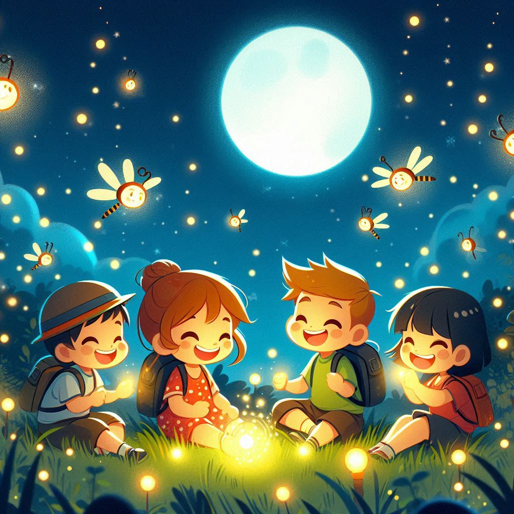 반딧불이와 함께 노는 아이들의 밝은 모습