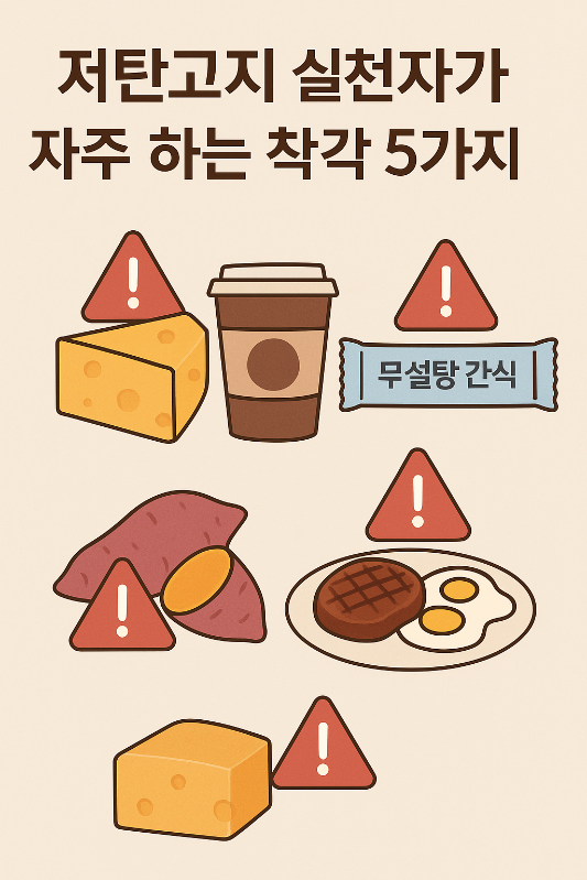 저탄고지 실천 시 주의해야 할 대표적인 실수를 상징적으로 표현한 일러스트. 치즈, 커피, 간식, 고구마 등의 음식 아이콘과 함께 경고 표지와 체크리스트가 깔끔하게 배열되어 있다.