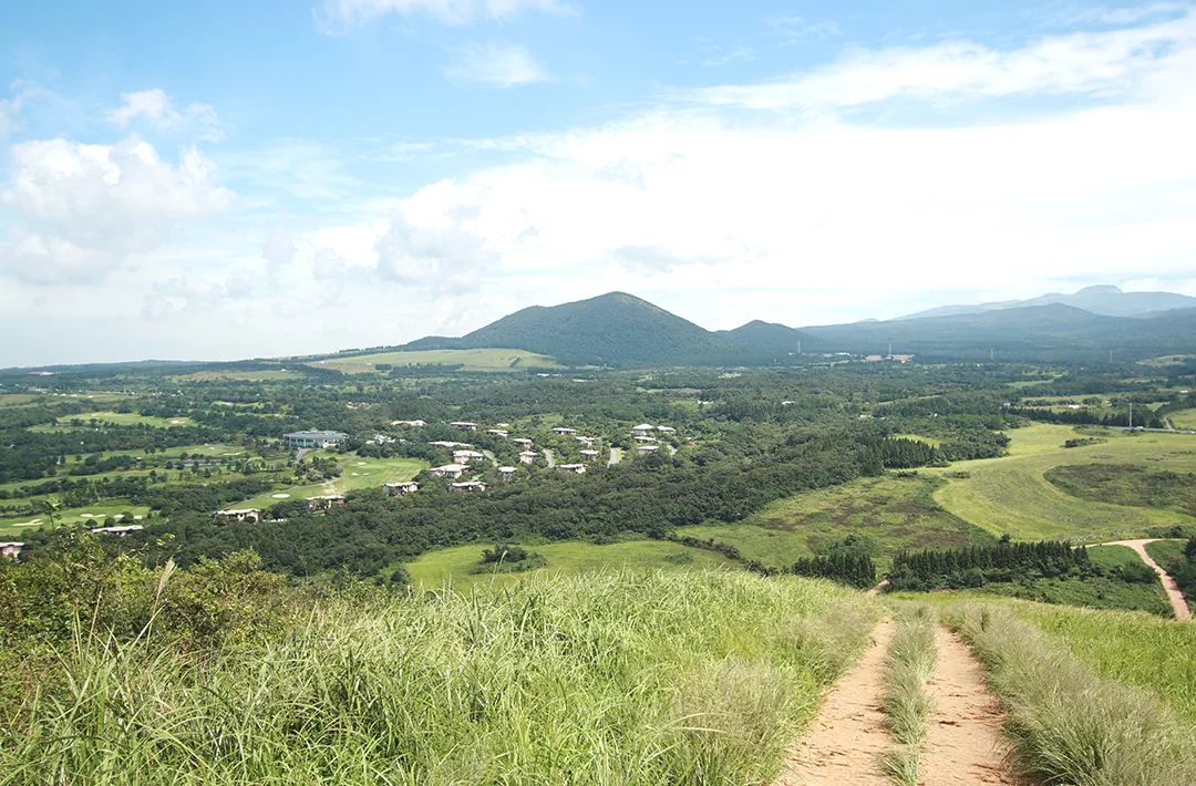 새별오름 정상에서 바라본 한라산의 장엄한 전경 사진.