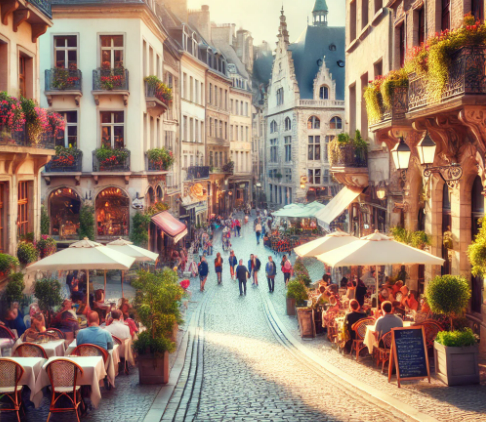 유럽 건물 속 여행하는 사람들