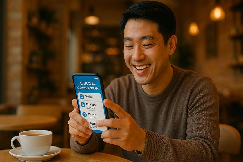 카페에서 AI 일정 앱을 보며 웃는 여행자의 편안한 모습