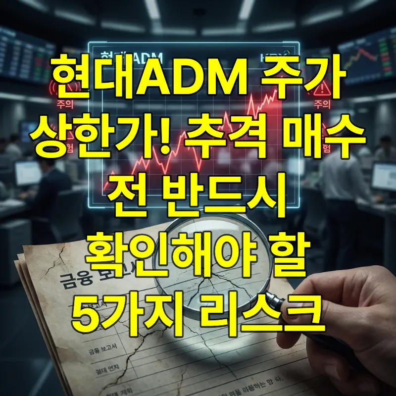 현대ADM의 급등하는 주가 그래프와 그 뒤에 숨겨진 재무적 위험 요소를 돋보기로 관찰하는 모습을 표현한 이미지. 투자자에게 경각심을 주는 붉은색 상승 차트와 경고 아이콘.