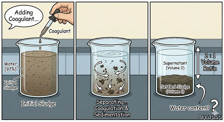수분 함량 97%의 슬러지에 응집제를 가하니