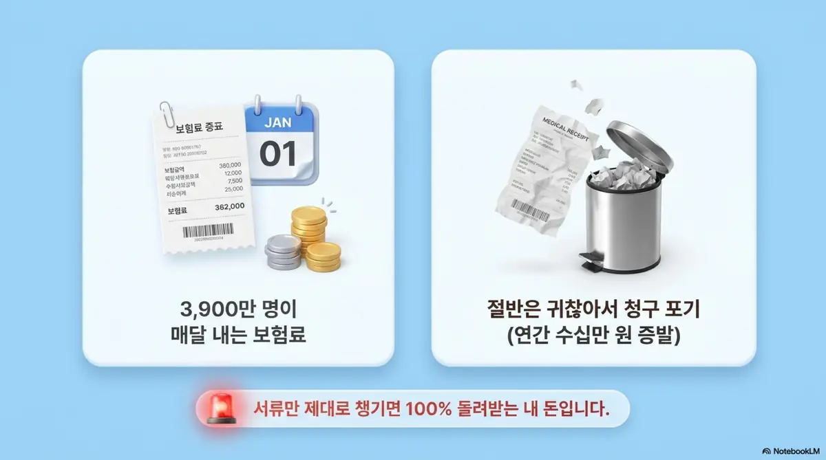 실손보험 청구서류: 실손보험 가입자 3&amp;#44;900만 명 중 절반이 귀찮아서 청구를 포기하고 연간 수십만 원이 증발한다는 현실을 보여주는 인포그래픽 이미지. 이 이미지는 실손보험 청구의 필요성과 서류 준비의 중요성을 시각적으로 전달하며&amp;#44; 블로그의 실손보험 청구 서류 총정리와 관련된 내용을 설명함 