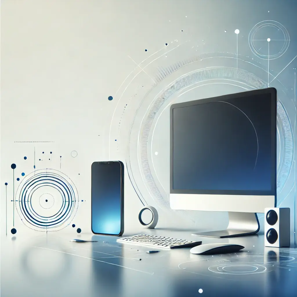 디지털 공존의 시대를 상징하는 스마트폰과 컴퓨터, 미래 지향적인 디자인
