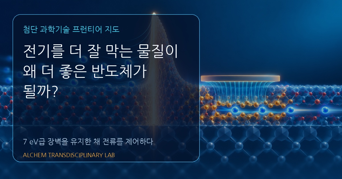 높은 띠틈 장벽과 도핑으로 공급된 전자의 이동을 대비한 7 eV급 산화물 반도체 개념 그림