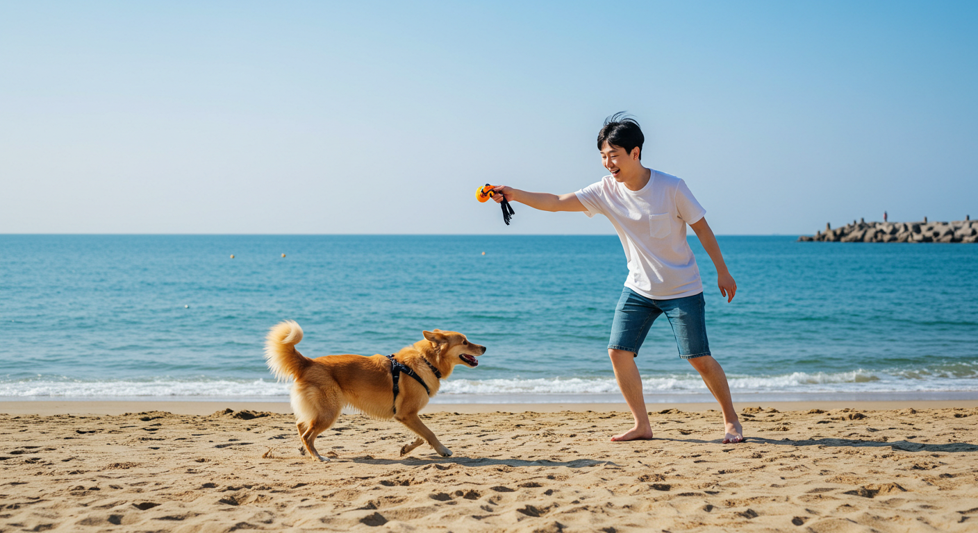 강원도 해변에서 반려견과 즐겁게 뛰어노는 한국인