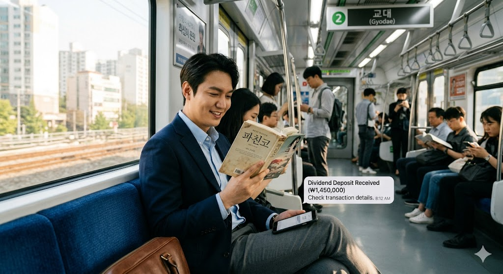 2주마다 통장에 꽂히는 배당금 알람을 보며 지하철에서 여유롭게 책을 읽는 직장인의 모습