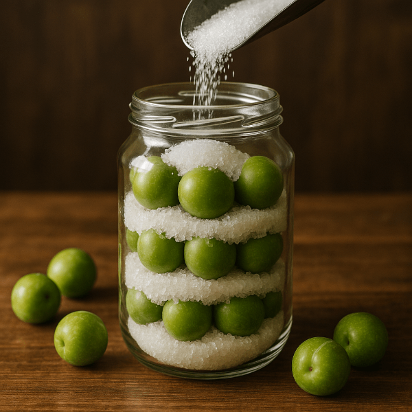 유리병에 매실과 설탕을 넣고있는모습