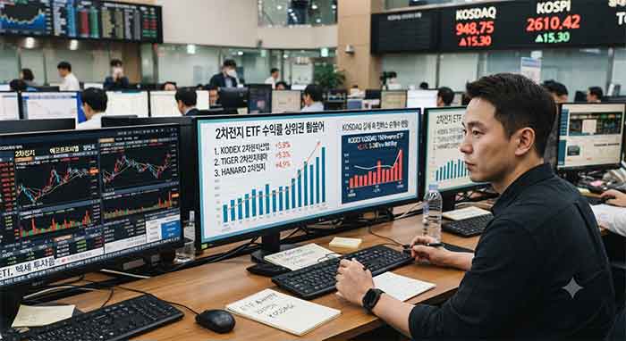 2차전지 ETF 수익률과 코스닥 증시를 모니터링하는 증권사 직원.
