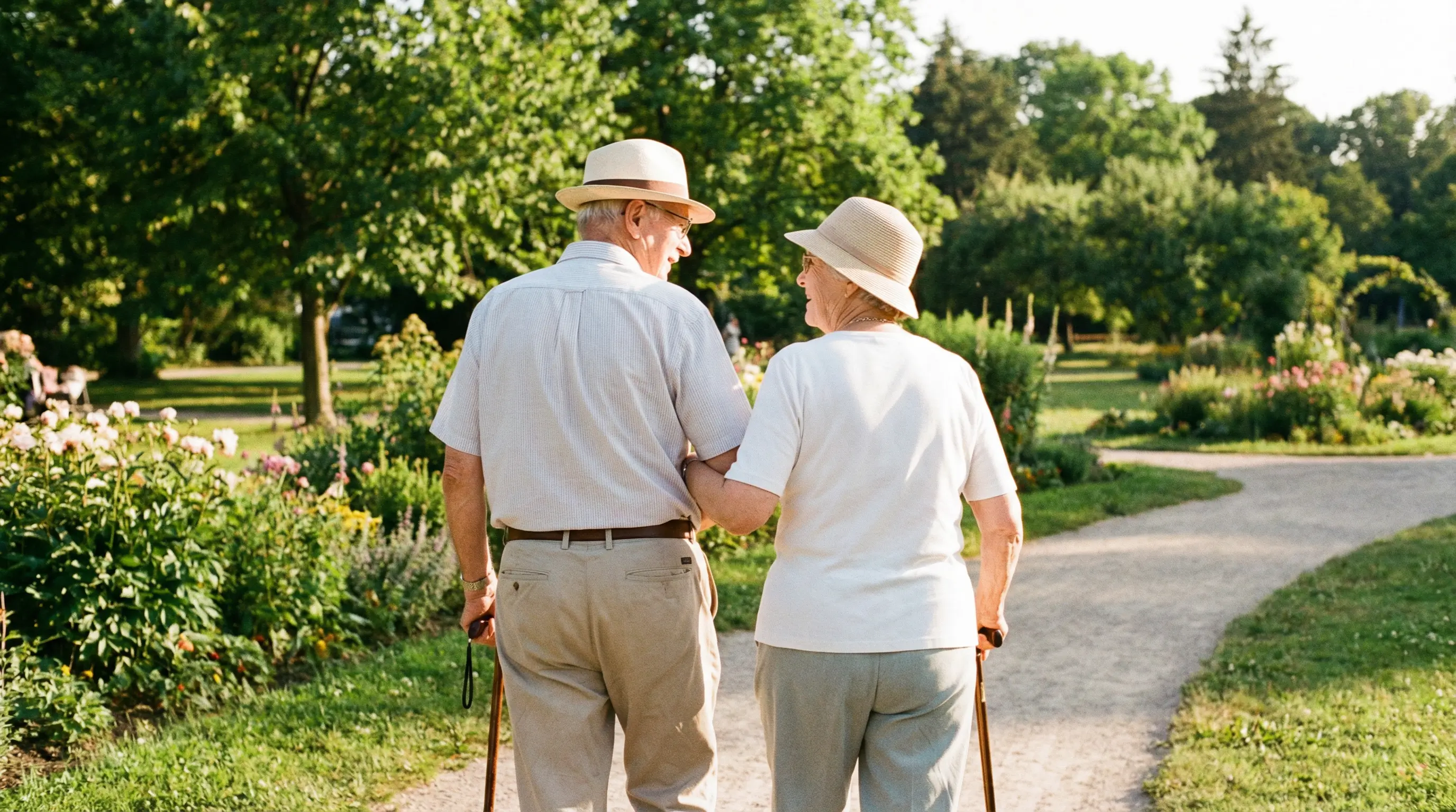 수술 후 건강하게 회복하여 공원을 산책하는 노부부의 뒷모습, 편안한 걸음걸이 강조