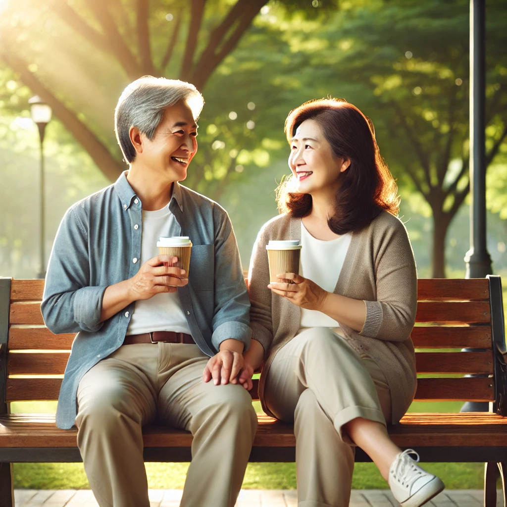 공원에서 커피 마시는 부부 