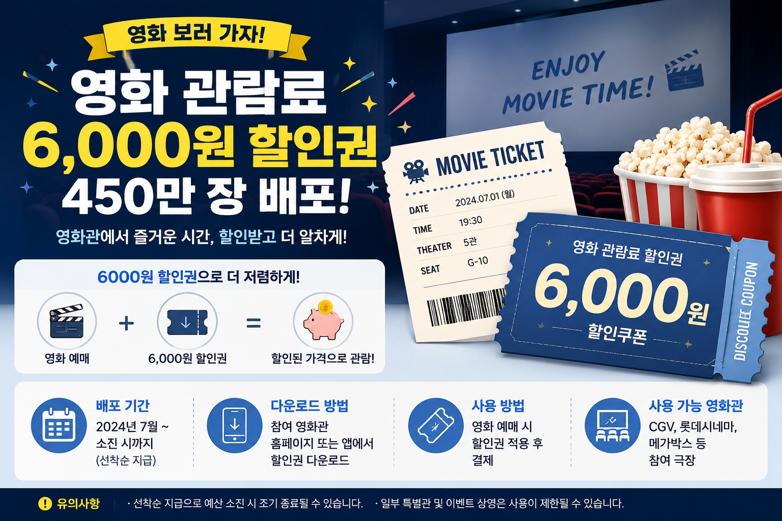 영화관 티켓과 6000원 할인 쿠폰을 함께 표현한 인포그래픽