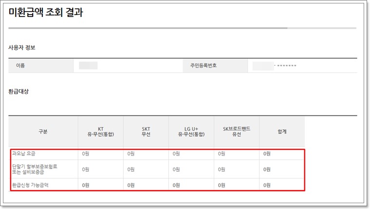 스마트 초이스 미환급액 조회 결과