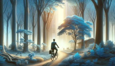 한 명의 샐러리맨이 출근 복장을 입고 자전거를 타고 다양한 크기와 종류의 푸른 나무들이 우거진 숲 속을 지나, 멀리 보이는 현대적인 건물을 향해 달리고 있는 장면입니다. 나무들 사이로 부드러운 아침 햇살이 쏟아져 내리고 있어, 새로운 하루의 시작을 상징합니다. 숲은 크고 작은 나무들로 이루어져 있으며, 특히 단풍나무들이 눈에 띕니다. 자전거를 탄 사람은 정장을 갖춰 입고 브리프케이스를 들고 있어, 자연 속에서도 일상의 바쁜 삶을 이어가고 있는 모습을 보여줍니다. 이 그림은 아침 빛 속 자연의 평온함과 일상 생활의 분주함이 조화롭게 어우러진 모습을 아름답게 표현하고 있습니다