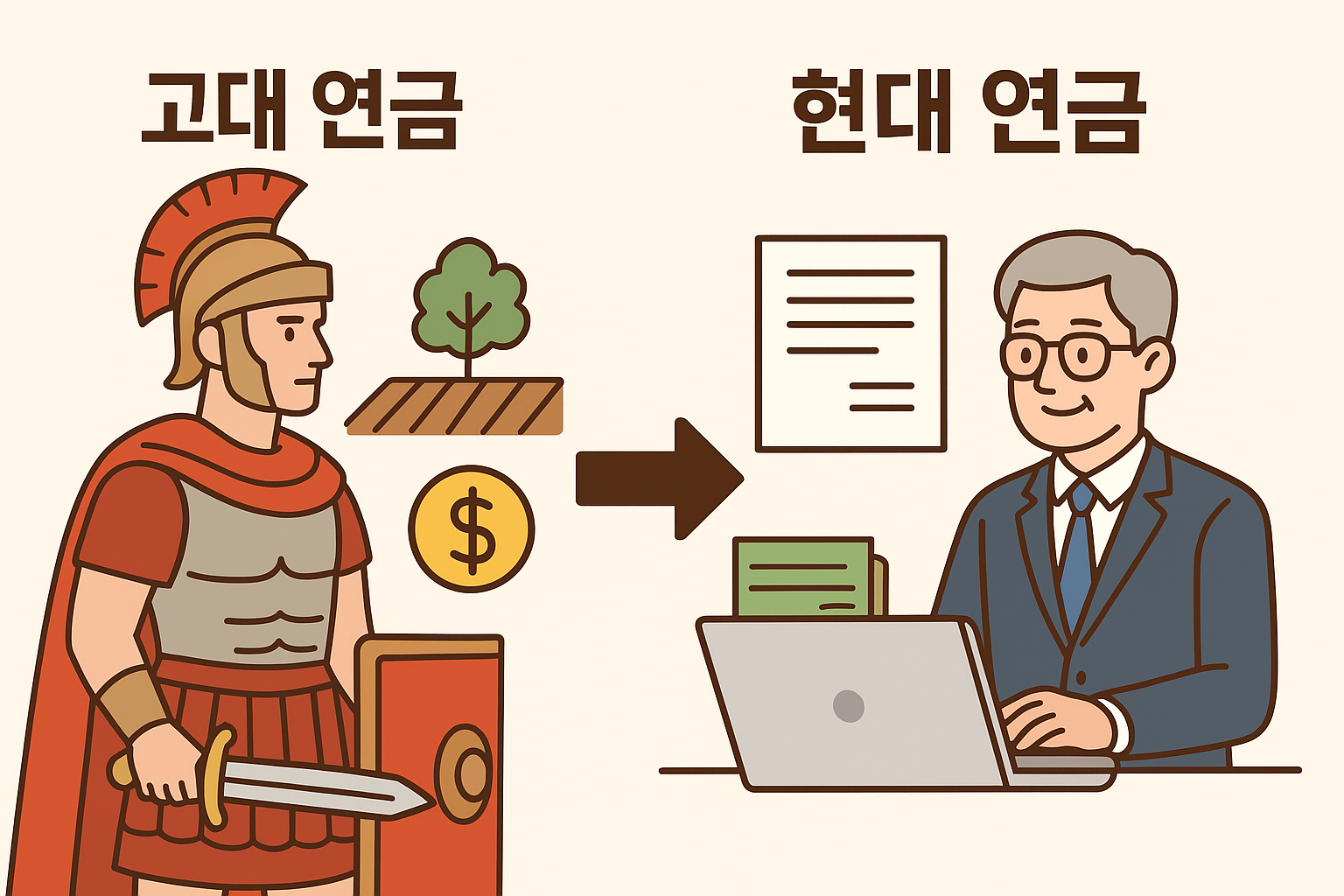 로마 군인 연금(토지/금전) vs 현대 국민연금/퇴직연금(금융자산) 화살표로 진화 표시한 이미지