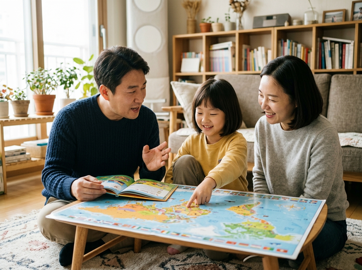 부모와 함께 세계 지도를 보며 사회 과목에 대해 이야기하는 초등학생
