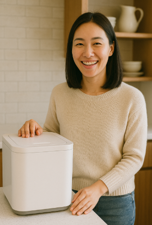 음식물처리기 도입으로 행복해하는 여성