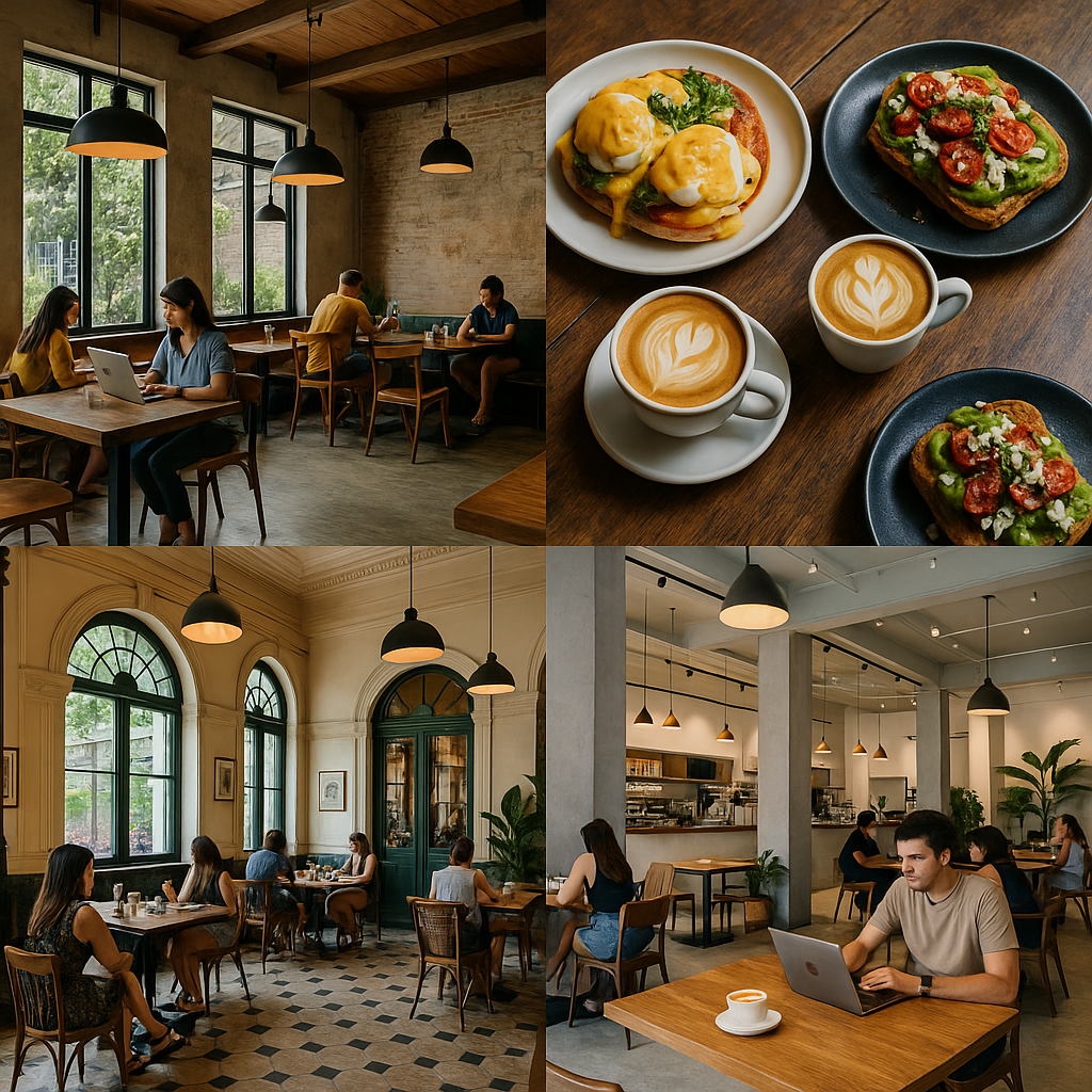 자연광이 드는 모던한 카페 인테리어와 감성 브런치 메뉴, 라떼아트를 즐기는 풍경이 콜라주로 어우러진 한 장의 사진