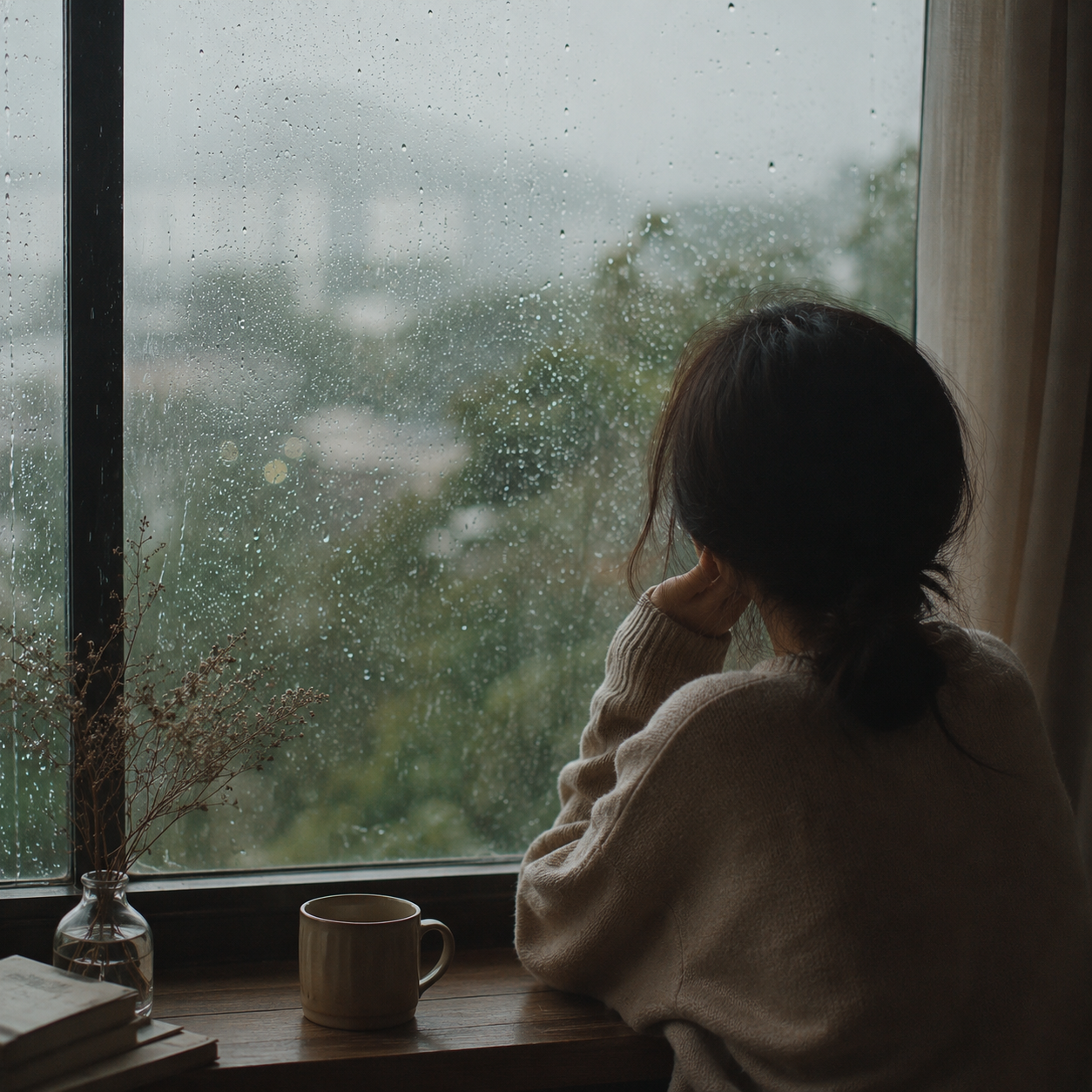 흐린 창문 너머 비를 바라보는 뒷모습, 창, 컵