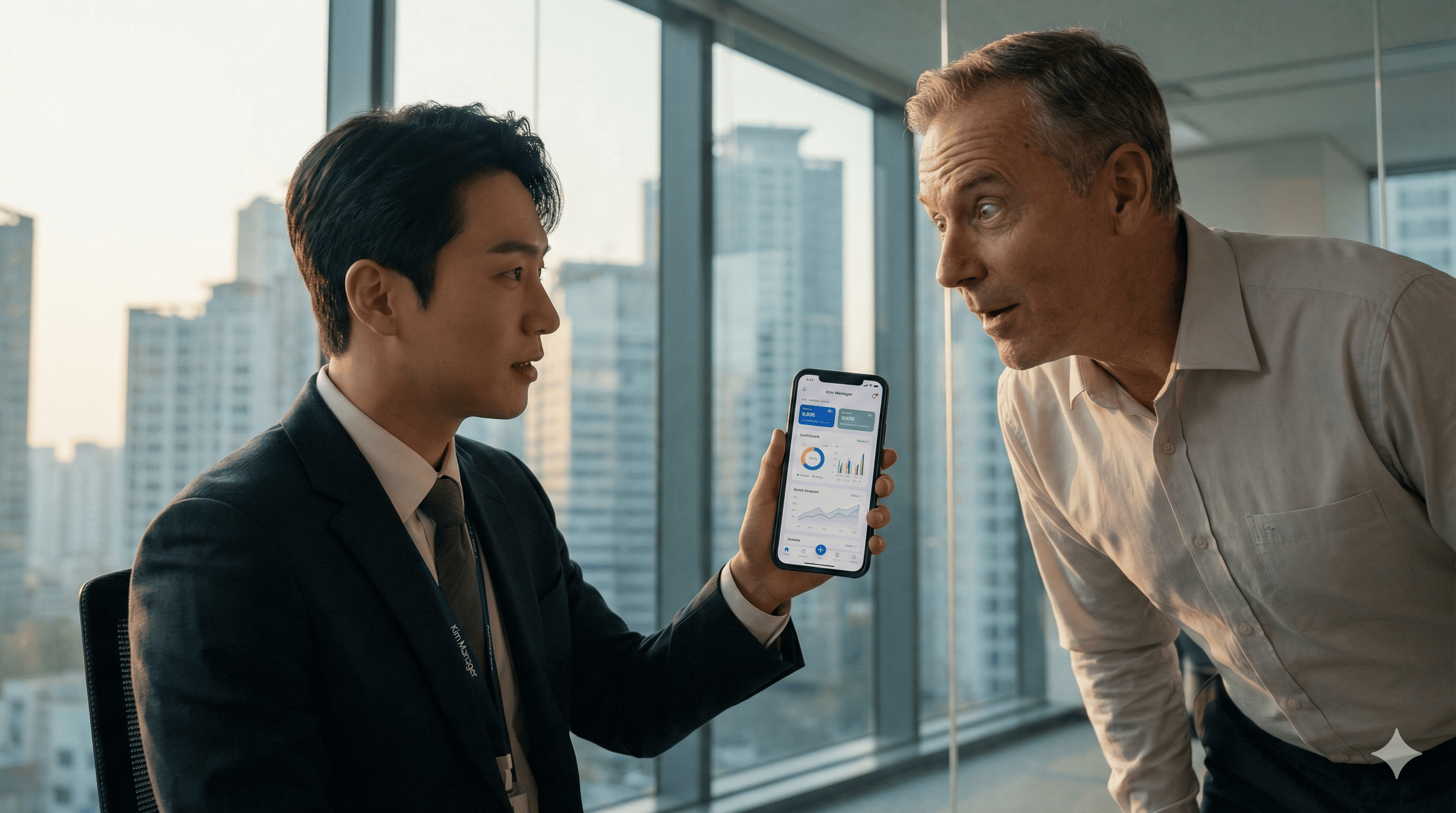 자신이 직접 만든 업무 툴을 부장님께 시연하며 실력을 인정받는 김 과장의 당당한 모습