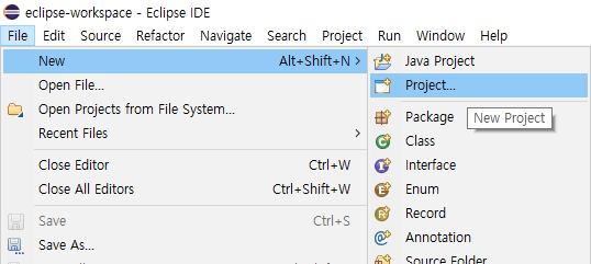 이클립스 프로젝트 생성 메뉴