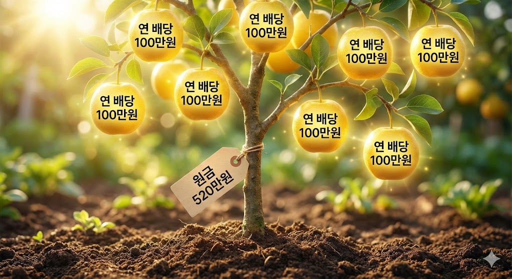 520만 원짜리 작은 묘목에서 100만 원짜리 황금 열매가 열리는 배당 투자의 효율성을 보여주는 일러스트