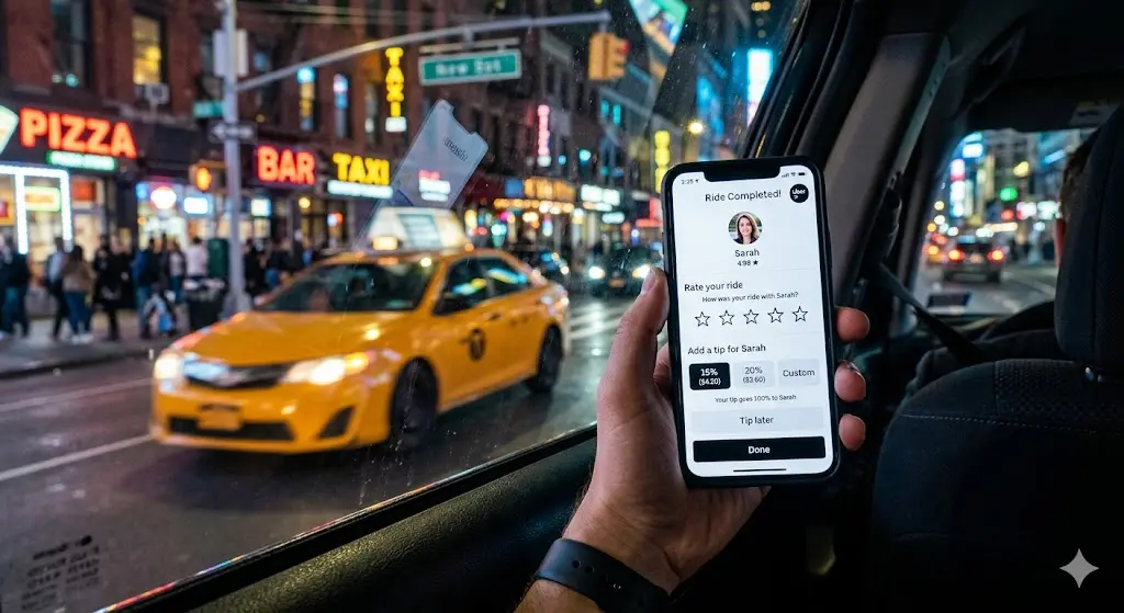 밤거리에서 택시에서 내린 후 스마트폰으로 우버 앱 화면의 별점과 팁 금액 버튼을 누르고 있는 모습