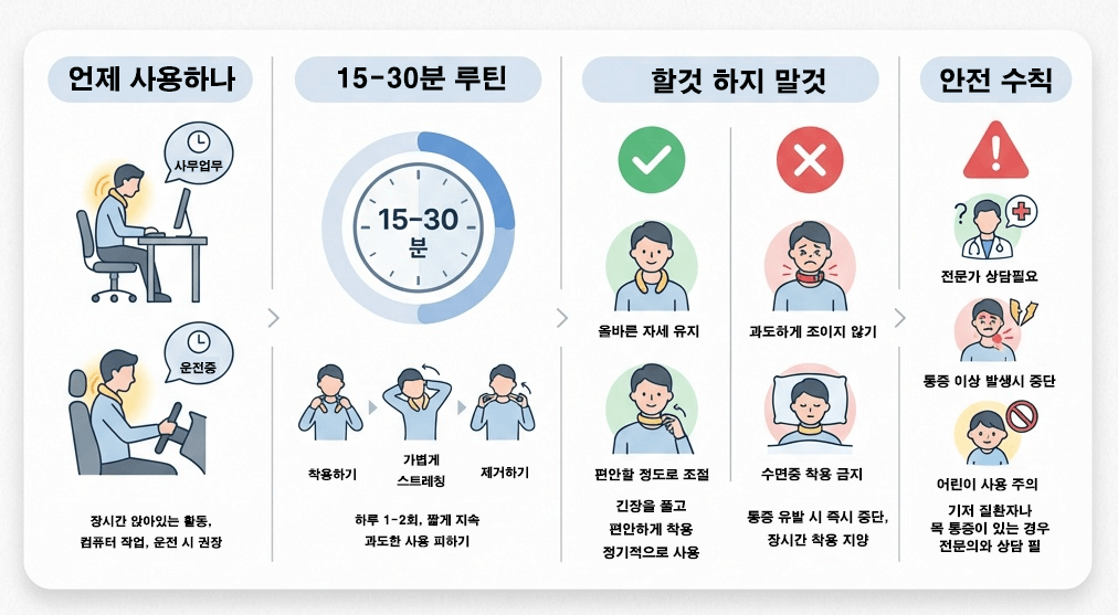 자석 목 보호대 사용법 요약, 착용 루틴/주의사항