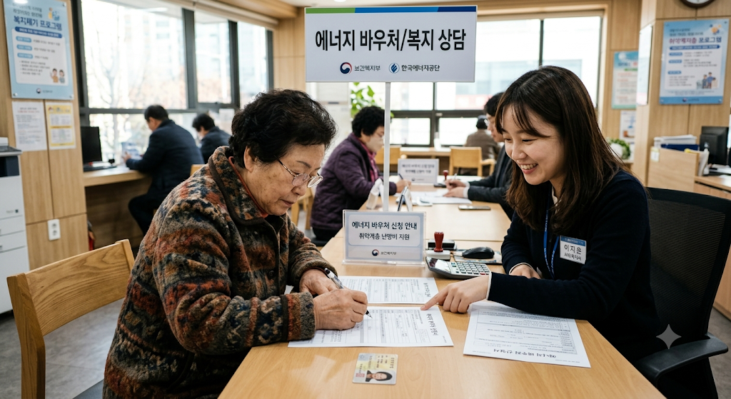 주민센터에서 에너지 바우처 신청하는 장면