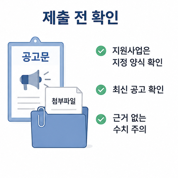 지원사업 지정 양식과 최신 공고, 작성 수치의 근거를 확인하는 사업계획서 제출 전 점검 이미지