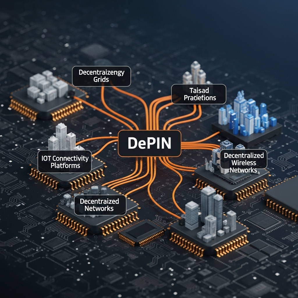 AI, DePIN, RWA, Layer 2 솔루션 등 2026년 주목받는 새로운 디지털 자산 트렌드를 나타내는 복잡하고 혁신적인 디지털 네트워크 시각화2