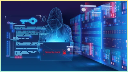 DDos 및 보안 위협을 가하는 해커의 모습이 사이버 공간으로 그려진 이미지