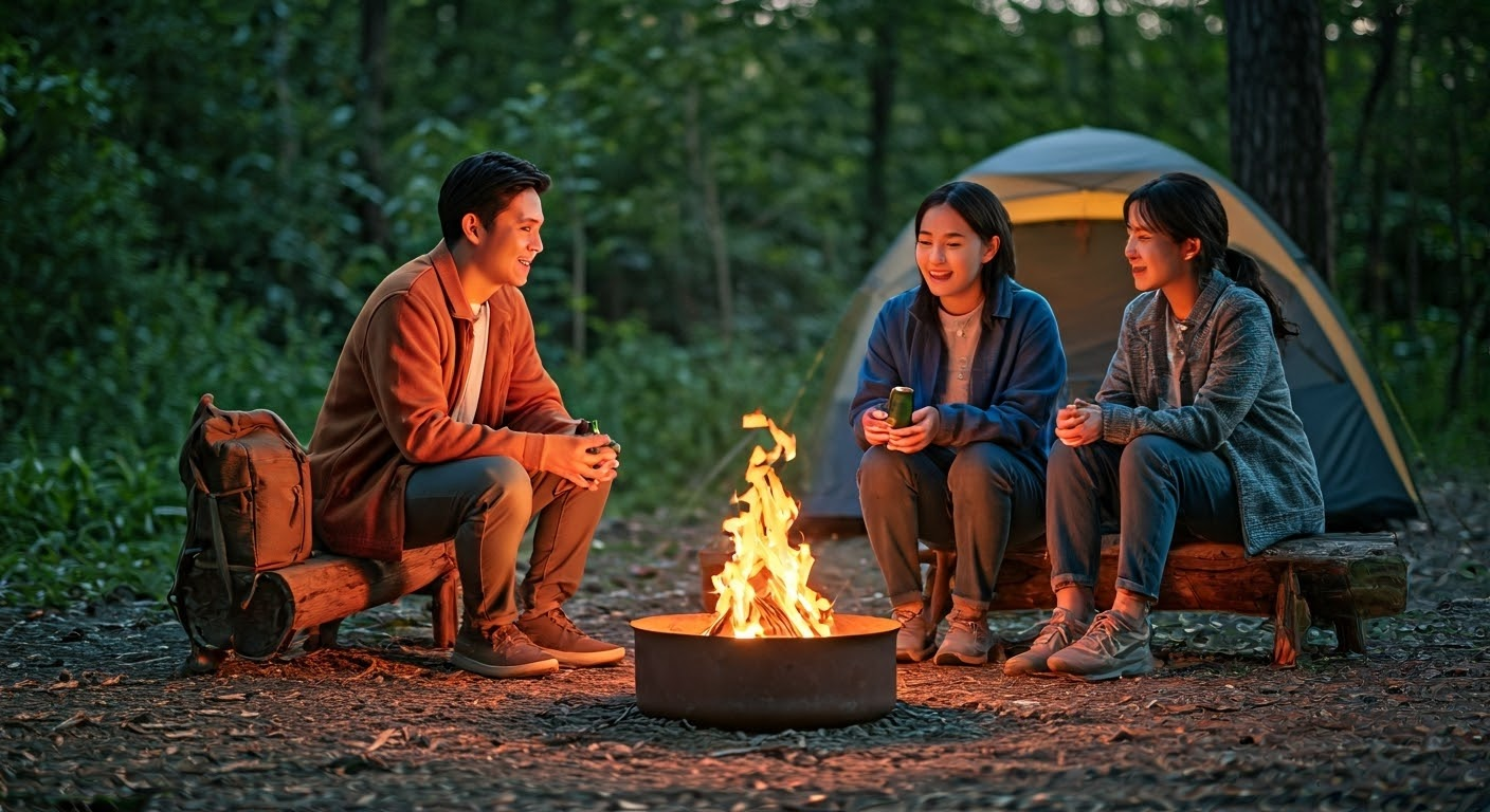 자연 속 힐링을 즐기는 여름 캠핑의 여유로운 한 장면