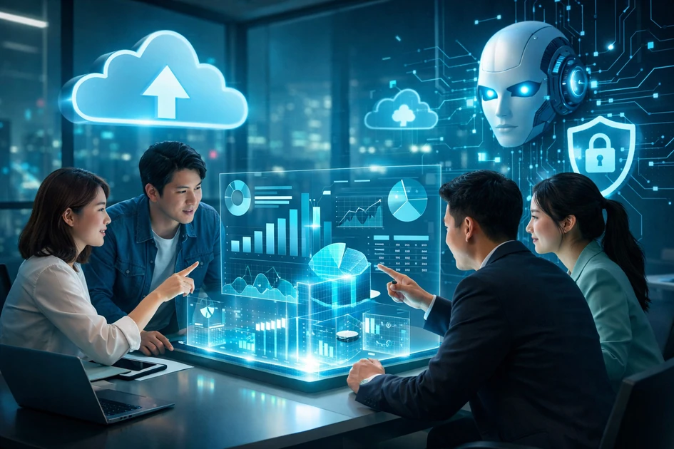 미래형 스타트업 회의실에서 팀원들이 홀로그램 대시보드의 매출&middot;재무 차트와 클라우드, AI, 보안 아이콘을 보며 ERP 기반 데이터 경영을 논의하는 모습