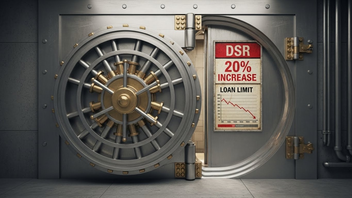 Bank vault door closing tight, with a 'DSR 20% Increase' warning sign and an infographic showing a sharp drop in the loan limit graph.