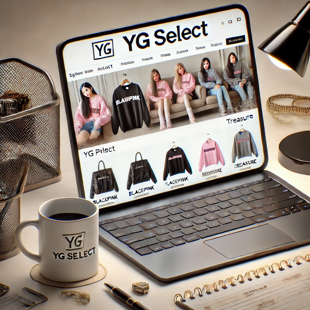 노트북 화면에 YG SELECT 온라인 스토어가 표시된 모습&amp;#44; BLACKPINK와 TREASURE 굿즈 구매 가능성을 강조.