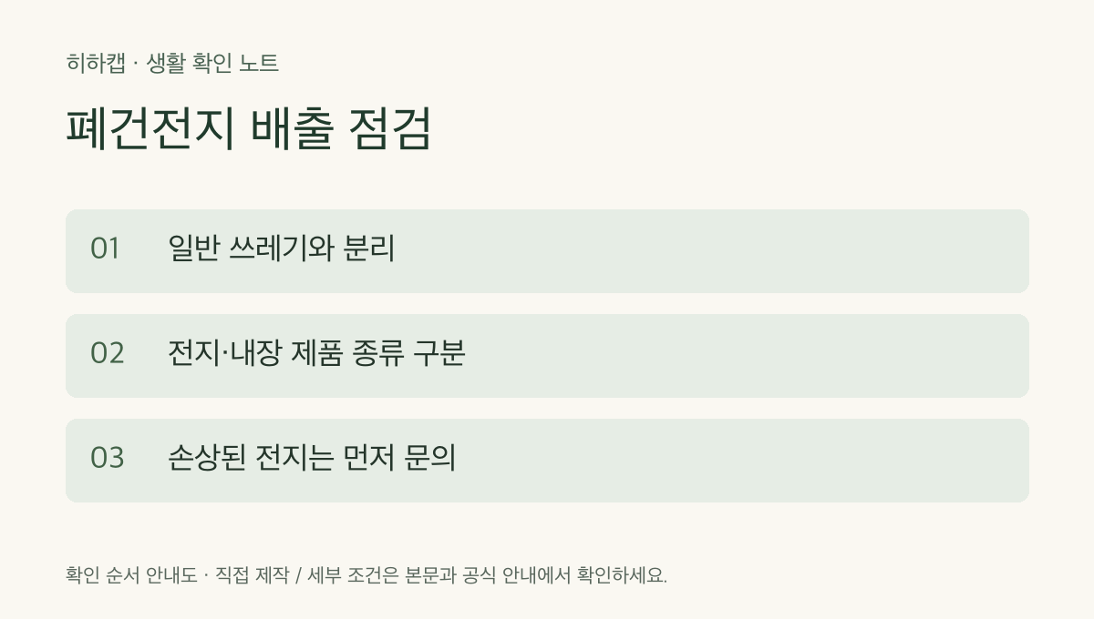 폐건전지 배출 점검 확인 순서: 일반 쓰레기와 분리 → 전지·내장 제품 종류 구분 → 손상된 전지는 먼저 문의