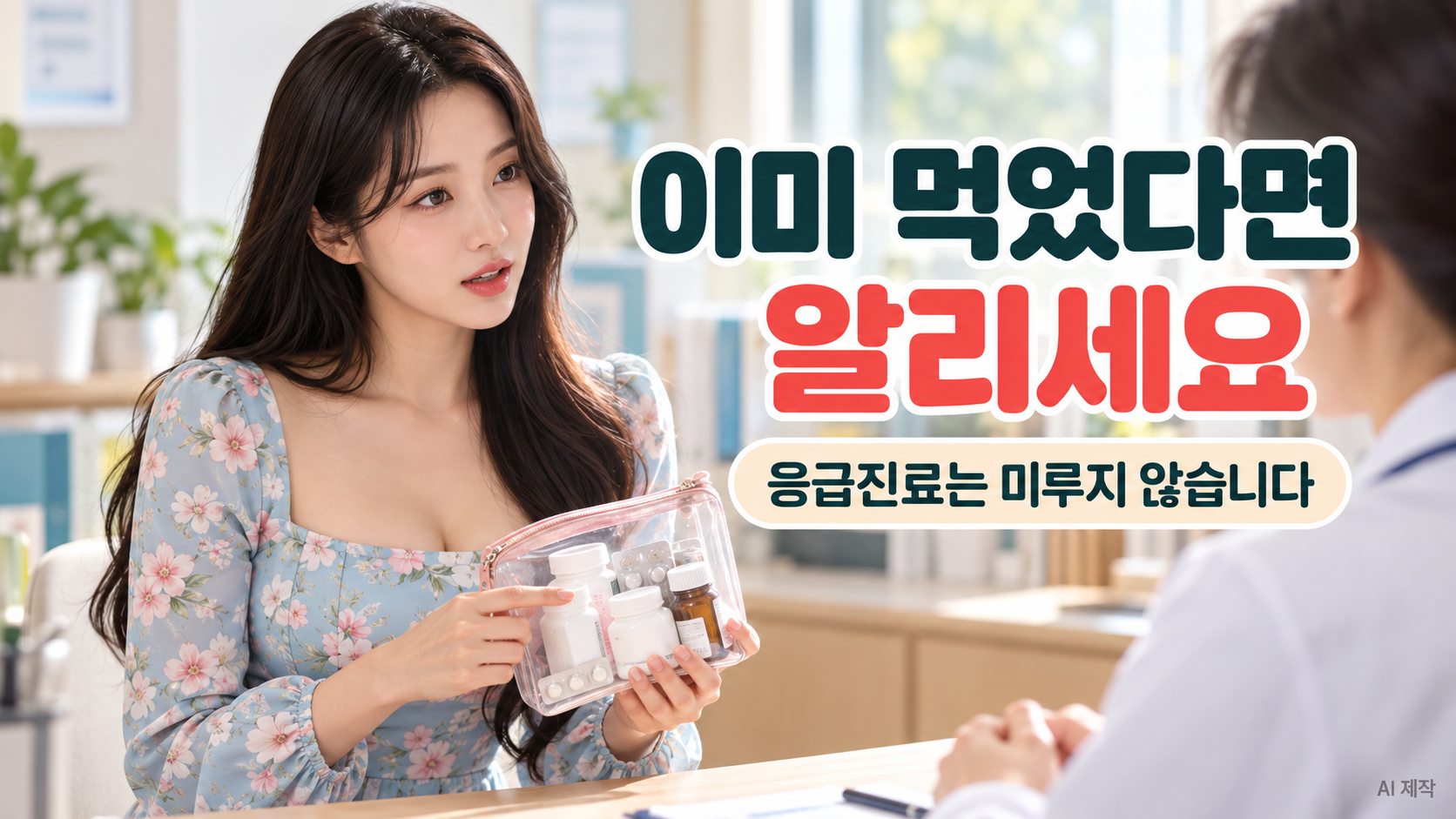 꽃무늬 원피스를 입은 여성이 영양제 파우치를 보여주며 의료진과 상담하는 모습
