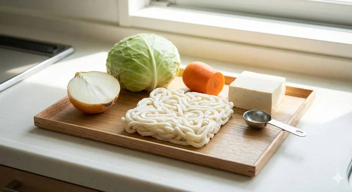 냉동 우동면과 남은 채소(양배추&middot;양파&middot;당근)로 준비한 볶음우동 재료