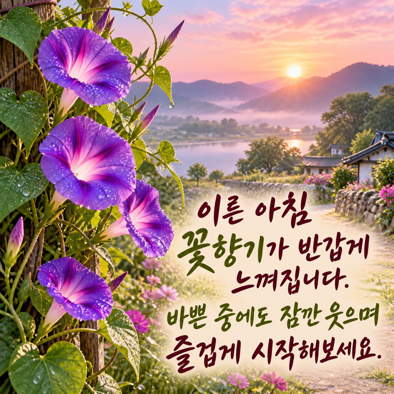 아침에 보내는 카톡 인사말 이미지 5 — 이른 아침 꽃향기가 반갑게 느껴집니다. 바쁜 중에도 잠깐 웃으며 즐겁게 시작해보세요.