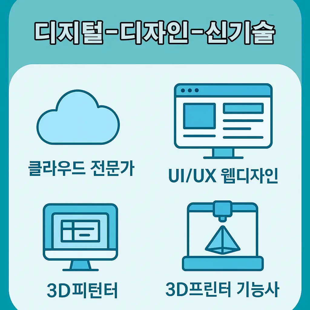 내일배움카드 지원 대상인 클라우드 전문가, UI/UX 웹디자인, 3D프린터 기능사 직종의 핵심 정보와 진출 분야를 간결한 아이콘과 텍스트로 정리한 인포그래픽 이미지