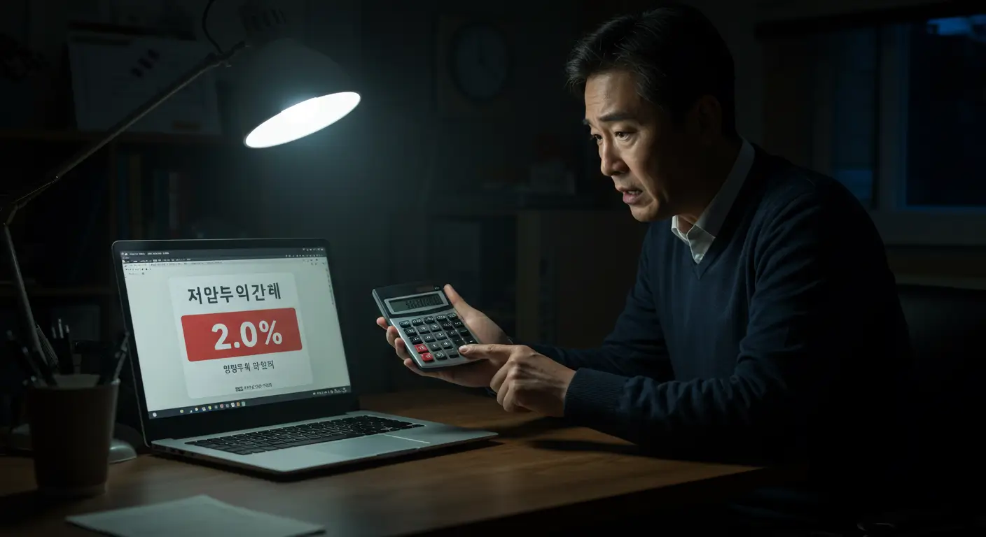 한 소상공인 사장님이 늦은 밤 가게에서, 정책자금 광고의 낮은 금리와 실제 계산된 높은 이자 사이에서 혼란스러워하는 모습