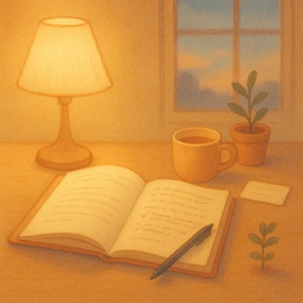 노을빛 실내에서 조명이 켜진 책상 위에 펼쳐진 다이어리와 펜, 따뜻한 차가 담긴 머그잔, 창밖으로 보이는 하늘과 작은 화분이 조화를 이루는 아늑한 감성 일러스트