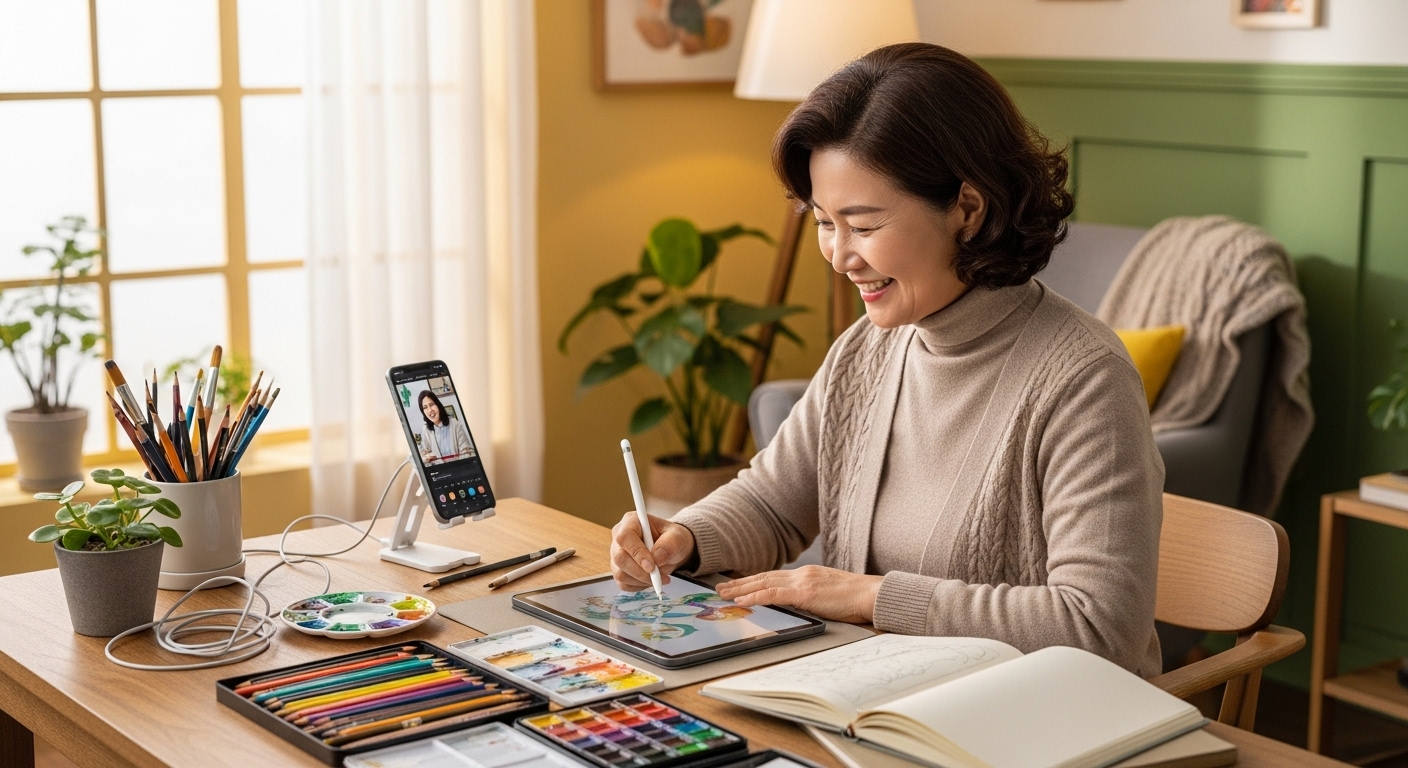 태블릿으로 그림을 그리며 온라인 학습으로 새로운 취미를 즐기는 중년 여성.