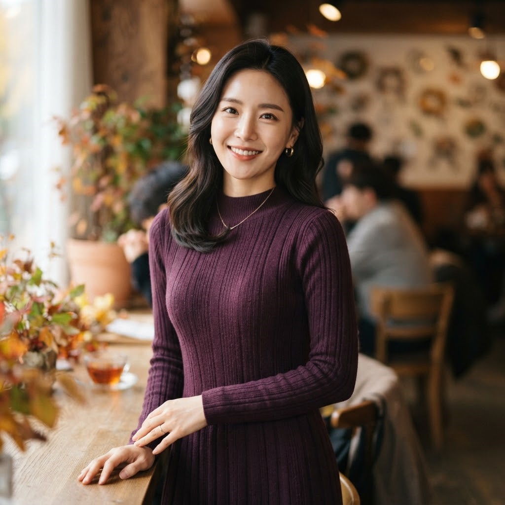 가지색(딥 버건디 퍼플) 원피스를 입은 여성의 상반신 컷

내용: 2026 가을 대표 컬러는 가지색! 브라운 원피스에 가지색 하나만 더해도 완전 달라 보여요.