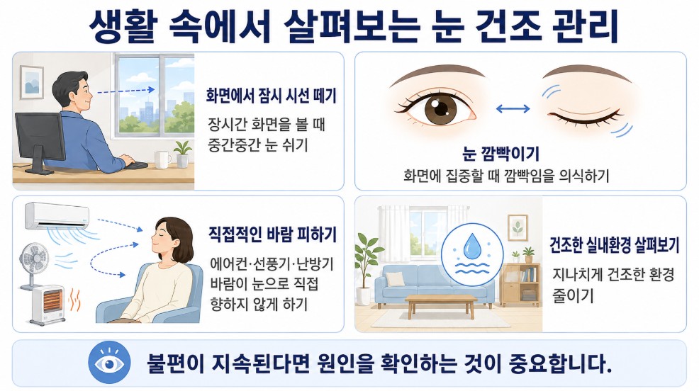 화면 사용 중 눈을 쉬고 직접적인 바람과 건조한 환경을 줄이는 안구건조증 생활 관리 방법